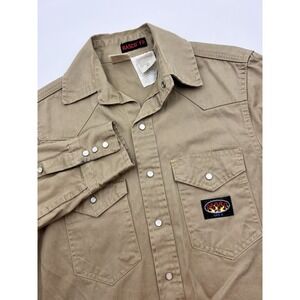 Rasco FR Shirt Mens Medium Regular Khaki Pearl Snap Western Long Sleeve Workwear